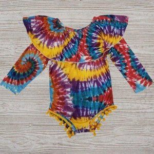 Rainbow Tie Dye Ruffle Pompom Long Sleeve Bodysuit